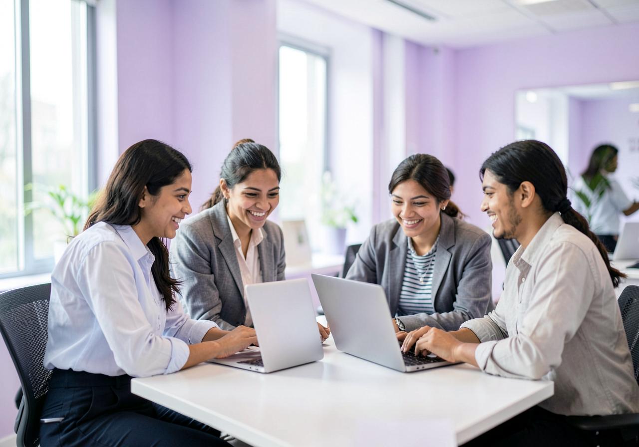 Employees collaborating in a modern workplace